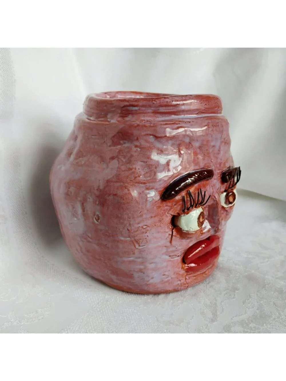 Whimsical Ceramic Ugly Face Jug Handmade Carolina Pottery Pink Planter Pot Vase - Picture 3 of 11